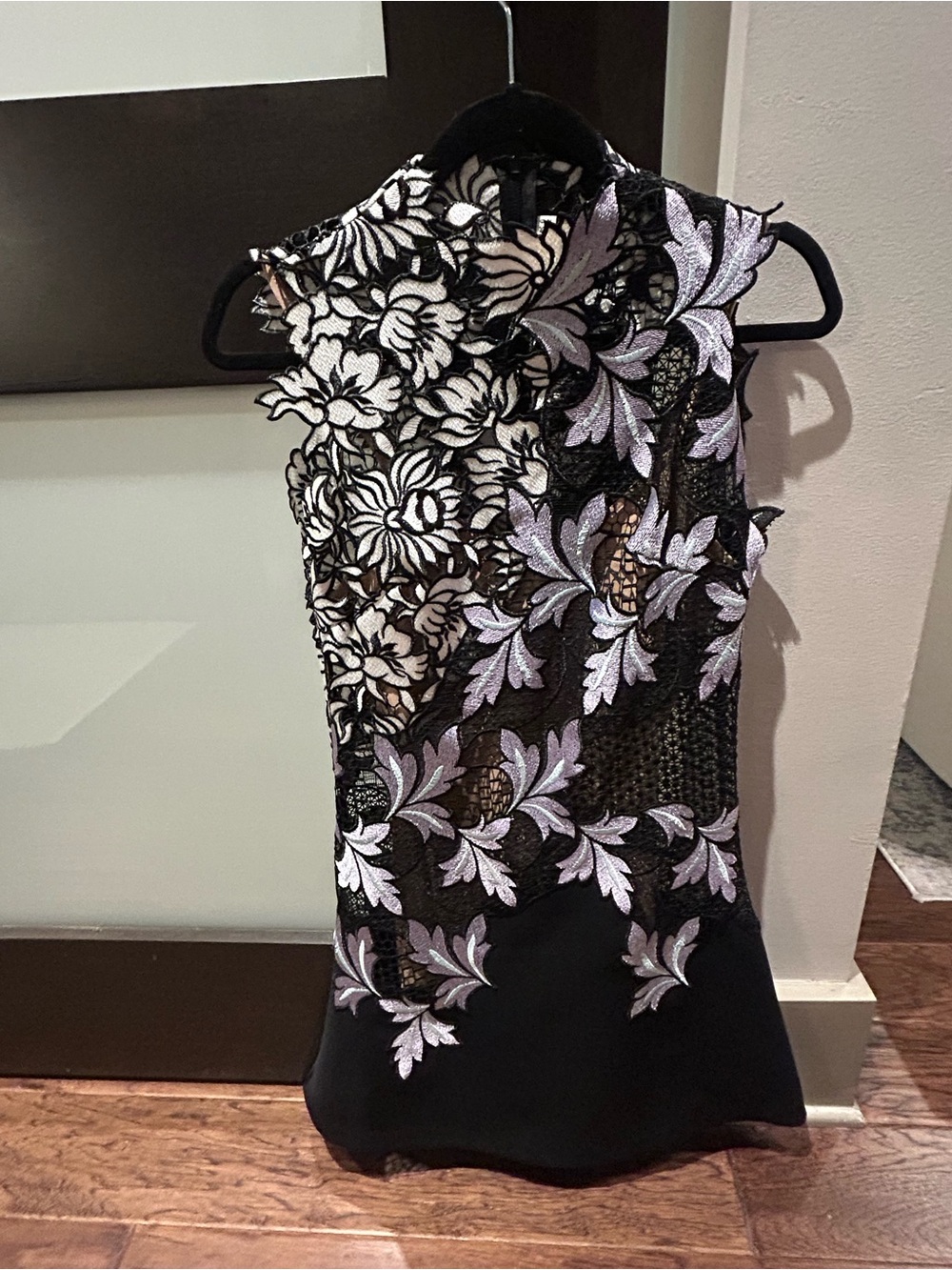 Sleeveless Black A-Line Dress with Purple Floral Embroidery